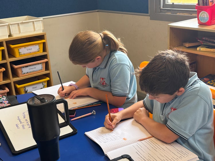 Two students sitting at their desk completing their work